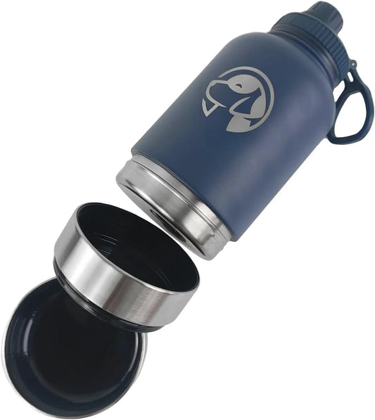 Multifunktionelle Edelstahl Trinkflasche (950 ml) für Hunde 3- in- 1 mit Futternapf (270 ml Volumen) und Trinknapf (250 ml Volumen) für Unterwegs