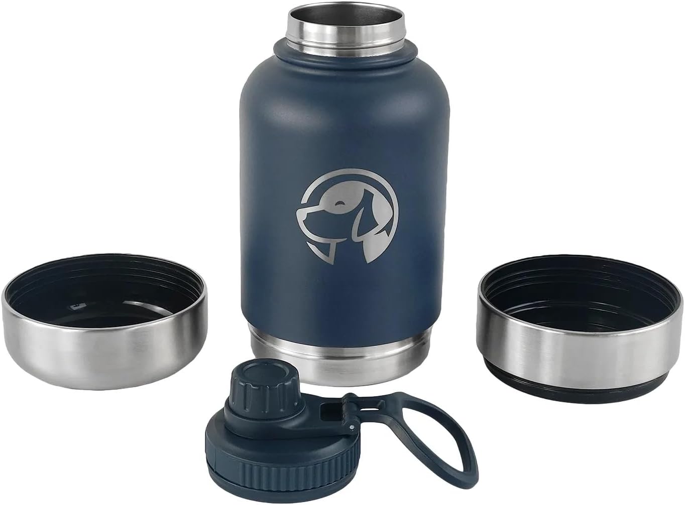 Multifunktionelle Edelstahl Trinkflasche (950 ml) für Hunde 3- in- 1 mit Futternapf (270 ml Volumen) und Trinknapf (250 ml Volumen) für Unterwegs